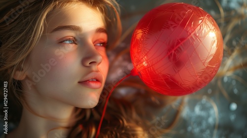 Young girl blowing red balloon among trees, happy and carefree in nature photo