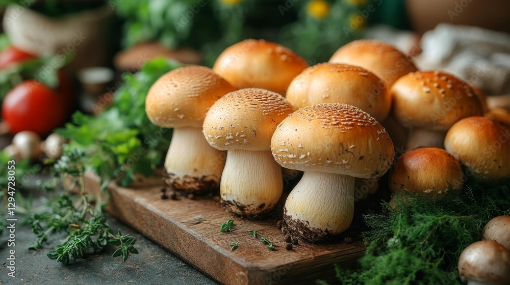 Mushrooms and herbs on a rustic wooden surface with fresh ingredients. Generative AI Mushrooms and herbs on a rustic wooden surface with fresh ingredients. Generative AI