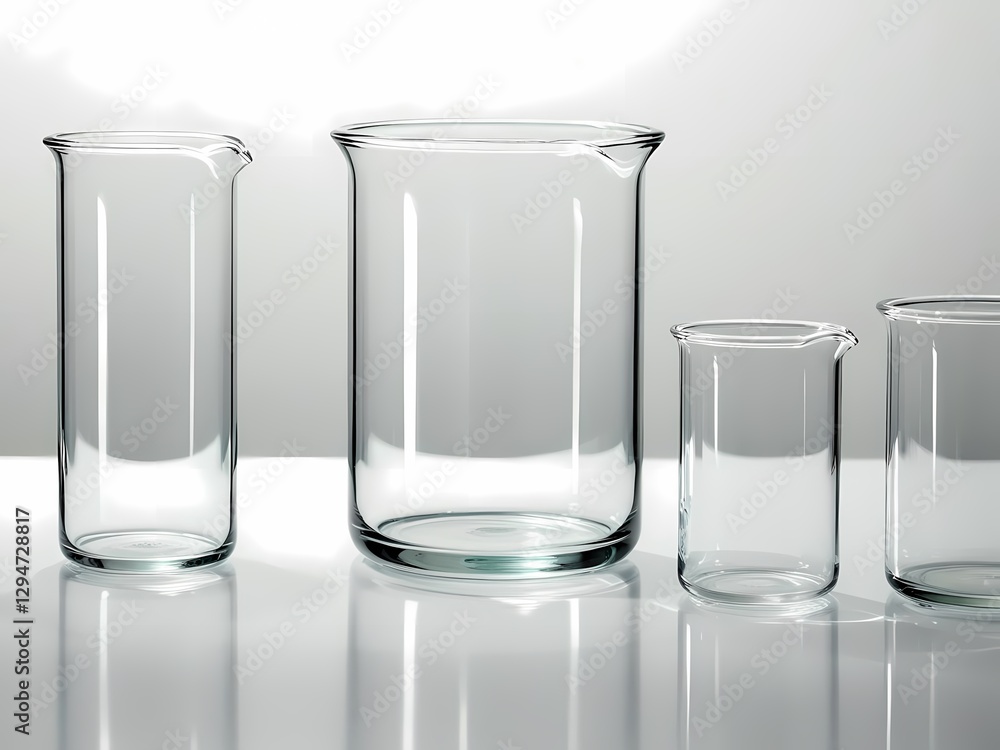 Glass beakers arranged on a surface with soft lighting showcasing laboratory equipment Glass beakers arranged on a surface with soft lighting showcasing laboratory equipment