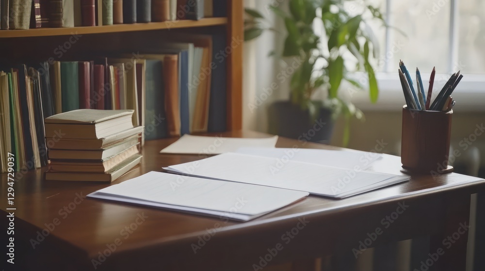 Fototapeta premium Cozy study space with books and papers near a window