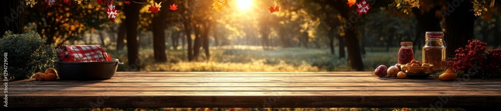 Autumn Outdoor Table with Fruits Jam Jars and Checkered Napkin Surrounded by Colorful Leaves and Trees. Generative AI Autumn Outdoor Table with Fruits Jam Jars and Checkered Napkin Surrounded by Colorful Leaves and Trees. Generative AI