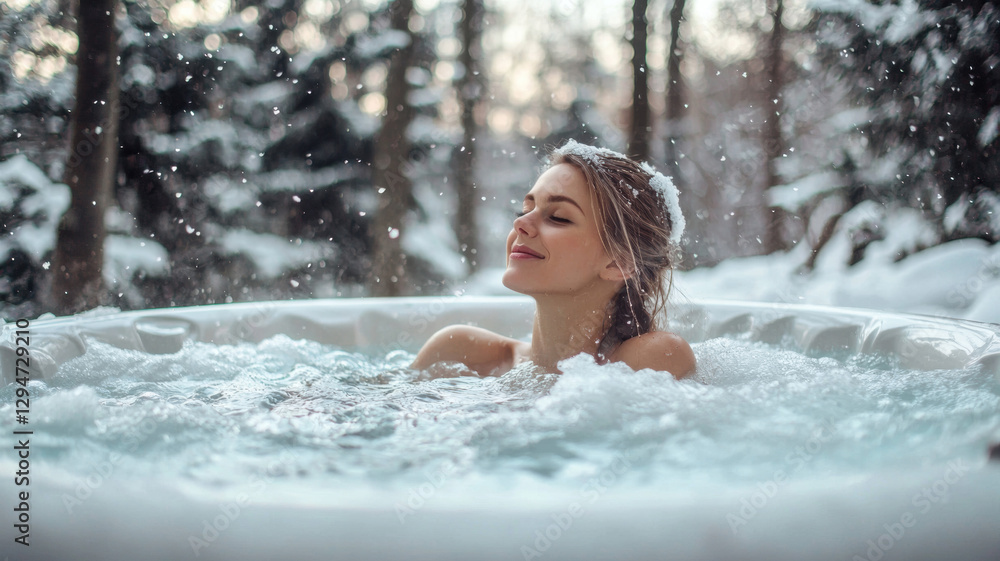 Obraz premium Portrait of a woman enjoys a luxury outdoor jacuzzi in the snowy winter forest