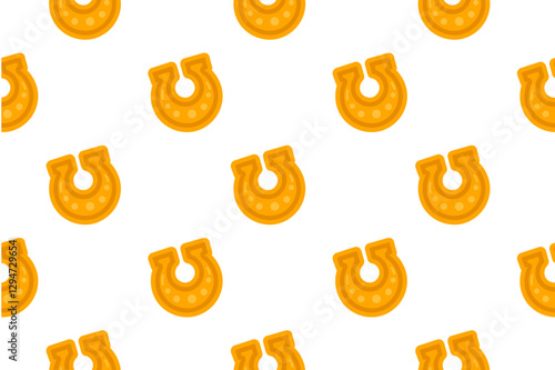 Seamless pattern with golden horseshoes on a white background, symbolizing good luck and fortune. Ideal for festive designs and St. Patrick’s Day crafts.