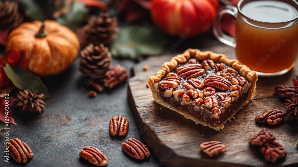 Pecan Pie Slice and Cider Surrounded by Fall Elements on a Wooden Board. Generative AI Pecan Pie Slice and Cider Surrounded by Fall Elements on a Wooden Board. Generative AI