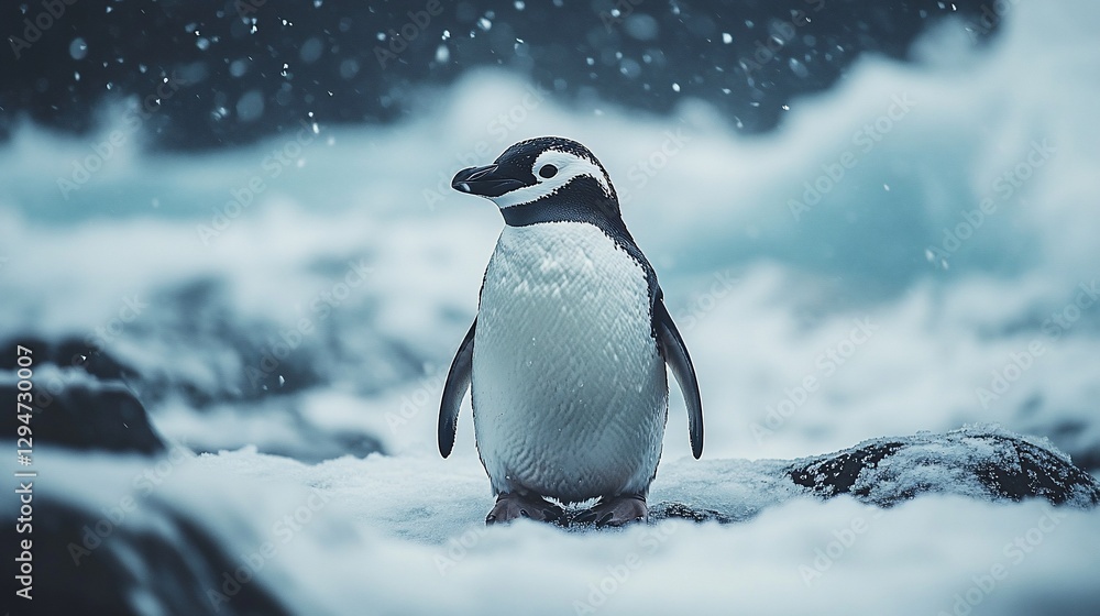 Naklejka premium Penguin in snowstorm, Antarctic coast, wildlife