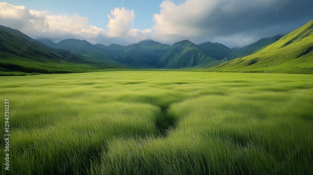 Obraz premium Vast Wildflower Field and Lush Green Mountains Under a Partly Cloudy Sky