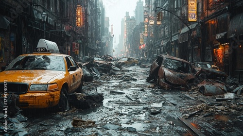 Abandoned City with Crushed Taxis Rubbish and Stormy Weather in a Post-Apocalyptic Scene. Generative AI