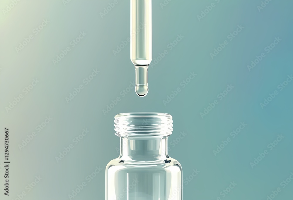 Droplet of liquid ready to fall from a pipette into a glass bottle against a soft gradient background Droplet of liquid ready to fall from a pipette into a glass bottle against a soft gradient background