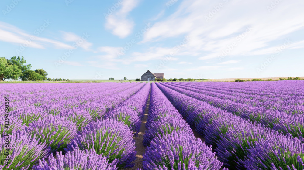 Obraz premium Lavender fields in bloom under blue skies with charming farmhouse in the distance