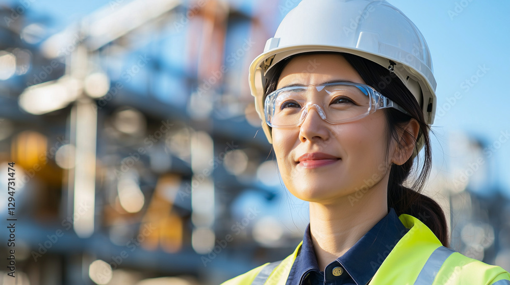 Japanese female site manager oversees project efficiency and safety constru Japanese female site manager oversees project efficiency and safety constru