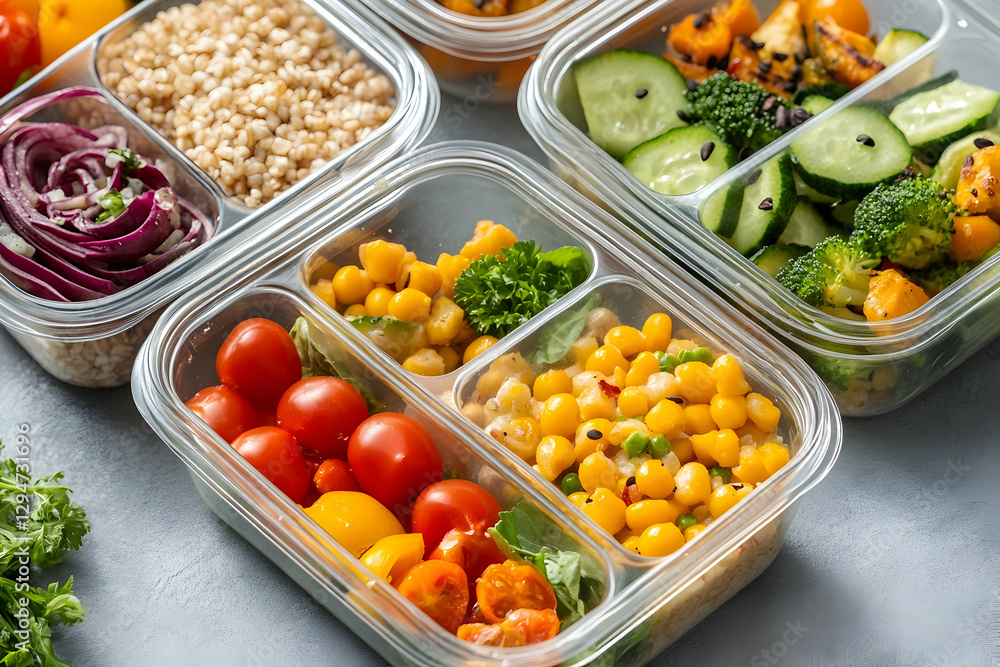 Meal prep containers with fresh vegetables and grains Meal prep containers with fresh vegetables and grains