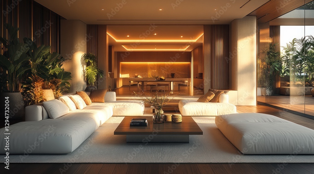 Modern open-plan living room with tropical views Modern open-plan living room with tropical views