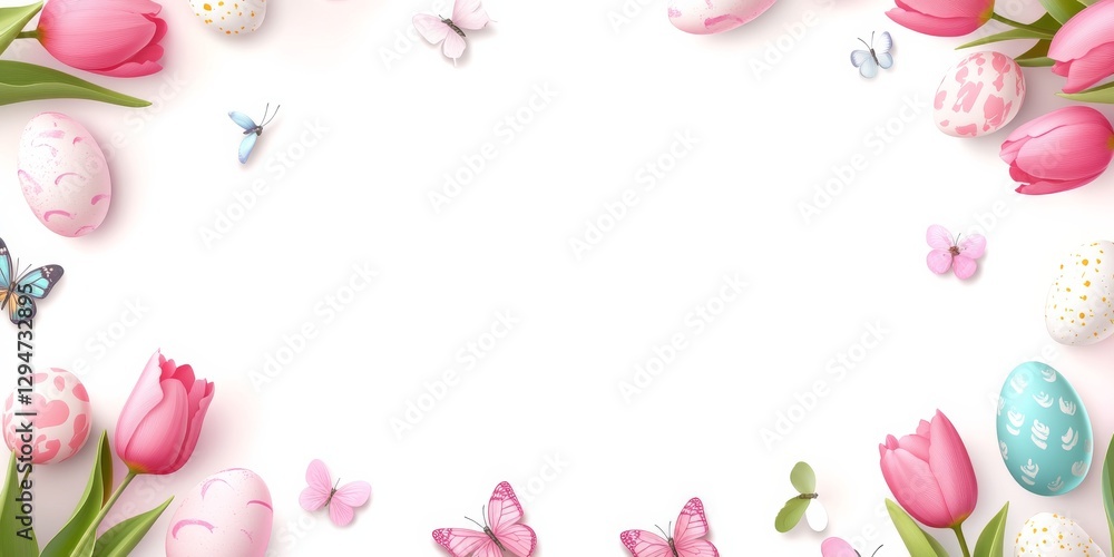 Easter Background with Colorful Spring Tulips, Butterflies, and Painted Eggs – Festive Holiday Stock Photo