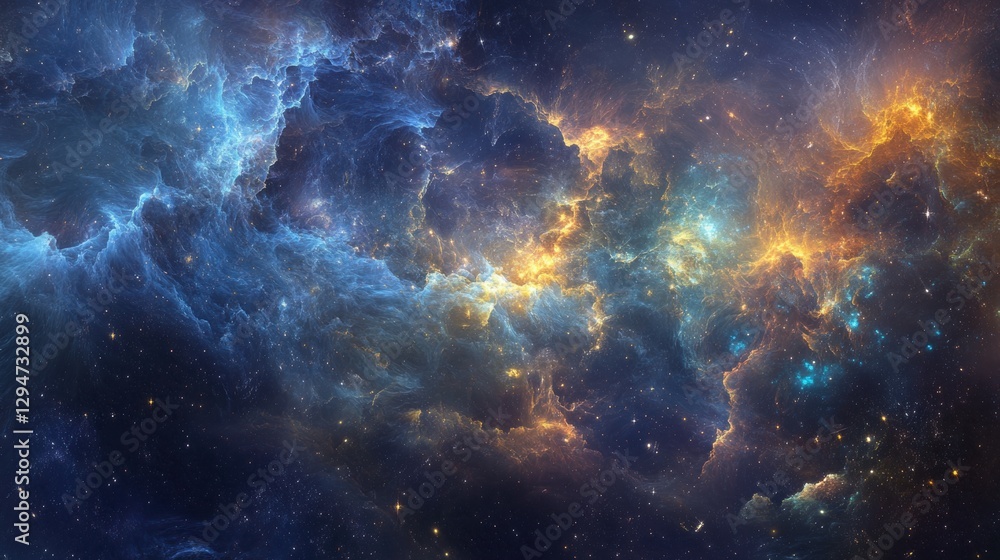 Fototapeta premium A deep blue nebula with swirling patterns and patches of orange and yellow.