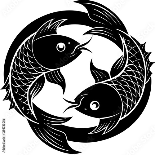 Yin-Yang Koi Fish – Intricate Black and White Vector Illustration

