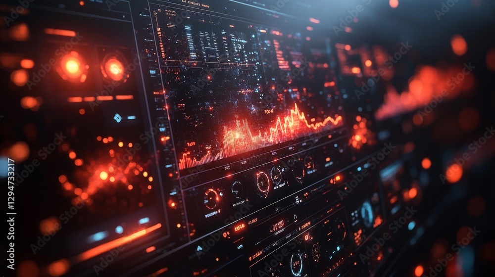 Obraz premium High-tech digital interface with red and blue data visualization elements. Generative AI
