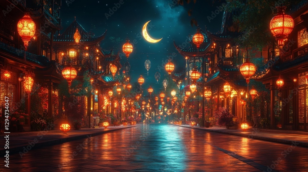 Beautifully lit street with lanterns and crescent moon casting a glow over the evening. Generative AI Beautifully lit street with lanterns and crescent moon casting a glow over the evening. Generative AI