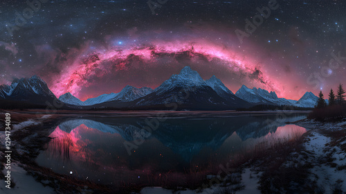 A vibrant Milky Way glowing in teal and magenta reflected perfectly in the still waters of a mountain lake.