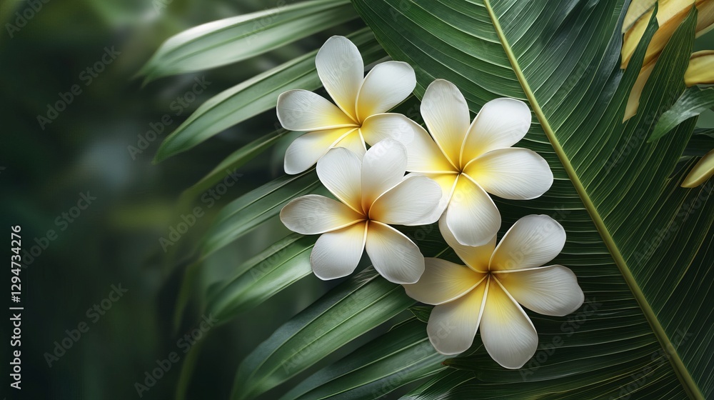 Fototapeta premium A three-dimensional wallpaper design incorporating tropical flowers and lush leaves, enhancing spaces with a vibrant and exotic botanical theme.