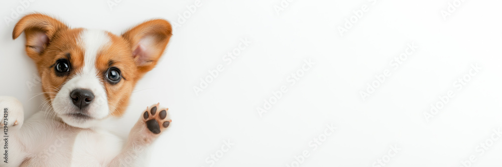 A cute little dog with brown and white fur lays on its back, wagging its tail. The dog's eyes are closed, and it is relaxed and happy A cute little dog with brown and white fur lays on its back, wagging its tail. The dog's eyes are closed, and it is relaxed and happy