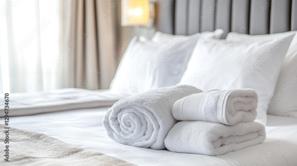 Clean hotel room bed with rolled towels Clean hotel room bed with rolled towels