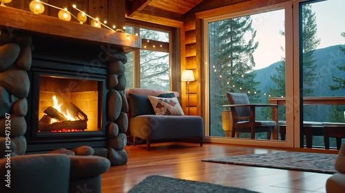 Wallpaper Mural Cozy cabin fireplace, mountain view, evening, relaxation Torontodigital.ca