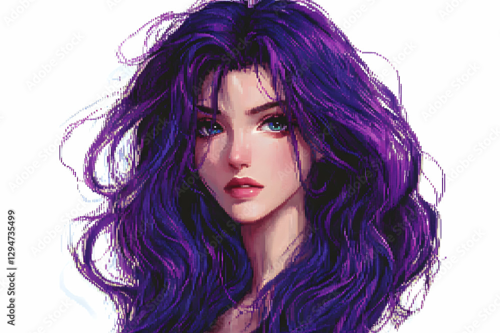 Pixel art portrait of a character with flowing purple hair Pixel art portrait of a character with flowing purple hair