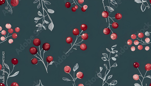 Wallpaper Mural Festive Winter Berry Branch Pattern Teal Background Watercolor Torontodigital.ca