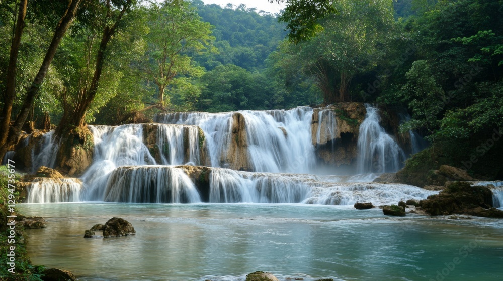Fototapeta premium Serene Multi Tiered Waterfall in Lush Tropical Forest