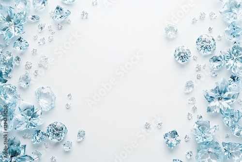 A white background with scattered diamonds and aquamarine gemstones