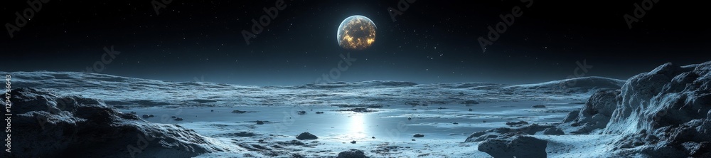 Naklejka premium Cosmic Landscape with Moon and Spacecraft Passing Through Stellar Nebula. Generative AI