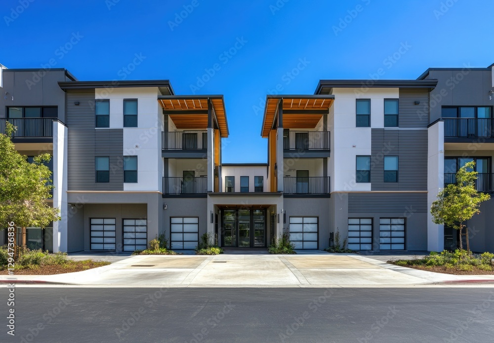 Modern apartment complex sunny day entrance landscaping Modern apartment complex sunny day entrance landscaping