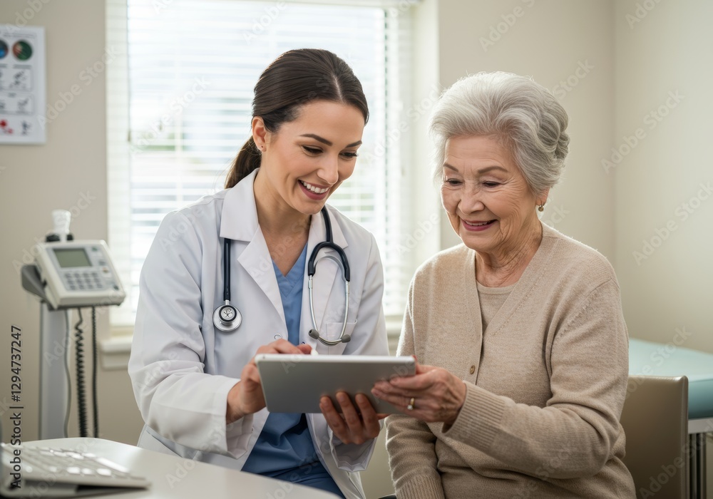 A doctor in a white coat with a stethoscope holding a tablet and smiling with an elderly woman in a beige sweater in a bright medical office.

