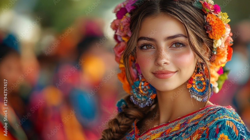 Young Woman Smiling in Colorful Mexican Traditional Costume with Flower Headband. Generative AI Young Woman Smiling in Colorful Mexican Traditional Costume with Flower Headband. Generative AI