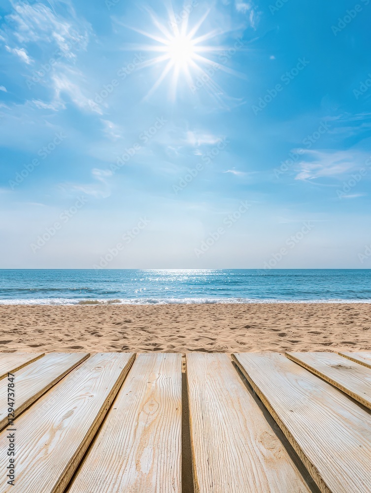 Tranquil Beach Scene with Wooden Plank Pathway and Bright Sunlight Tranquil Beach Scene with Wooden Plank Pathway and Bright Sunlight