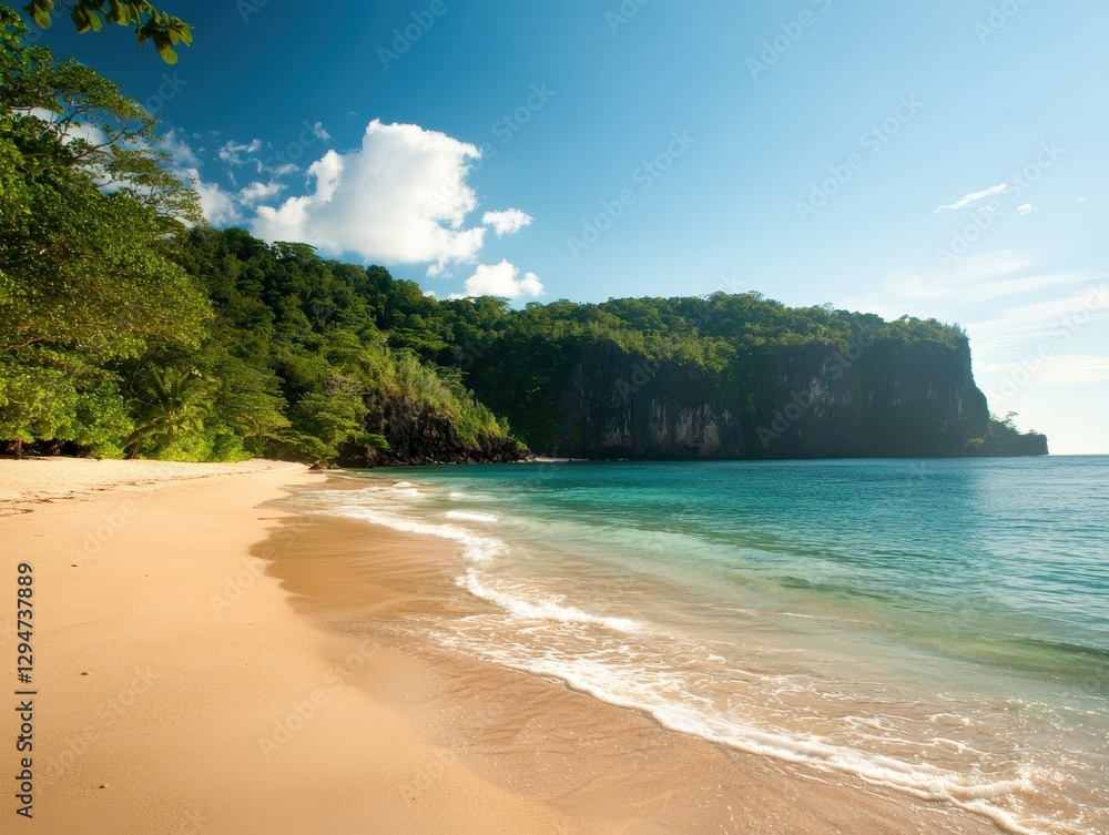 Serene Tropical Beach with Clear Water and Lush Green Hills Serene Tropical Beach with Clear Water and Lush Green Hills