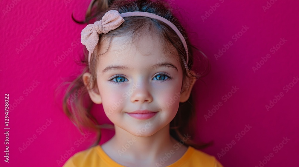 A young girl displays curiosity with sparkling blue eyes and a gentle smile, wearing a soft headband. The vibrant pink background enhances her cheerful expression and playful aura A young girl displays curiosity with sparkling blue eyes and a gentle smile, wearing a soft headband. The vibrant pink background enhances her cheerful expression and playful aura