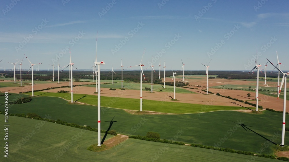 Fototapeta premium Many working wind turbines among the green fields. Video from a drone on a summer sunny day.