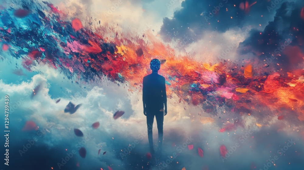 A man stands in a cloud of colorful paint, gazing into the distance. A man stands in a cloud of colorful paint, gazing into the distance.