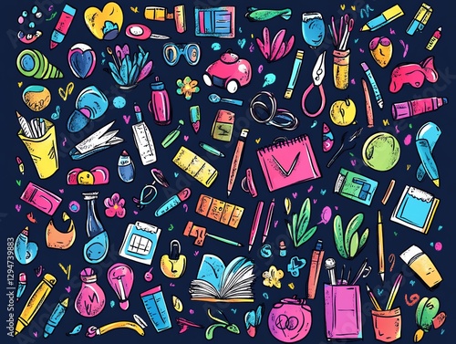 Back to school doodle sketch set, vector illustration with handdrawn school supplies, creative studying icons, colorful and engaging education theme
