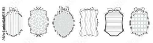 Cute frame with ribbon and bow set . black and gray color hand drawn doodle vector illustration. Decorative border.