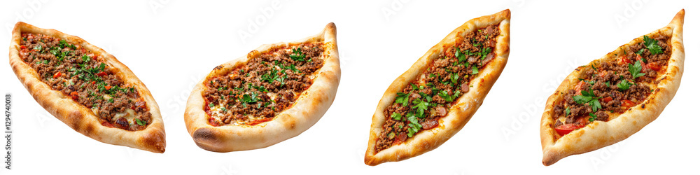 Delicious Turkish pide with various fillings, served on a wooden board for sharing. Delicious Turkish pide with various fillings, served on a wooden board for sharing.
