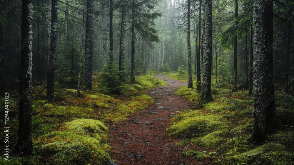 Fototapeta premium Rainy Forest Path: Mossy Green Woodland Trail