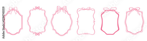 Cute frame with ribbon and bow set. Pink color hand drawn doodle vector illustration. Decorative border.
