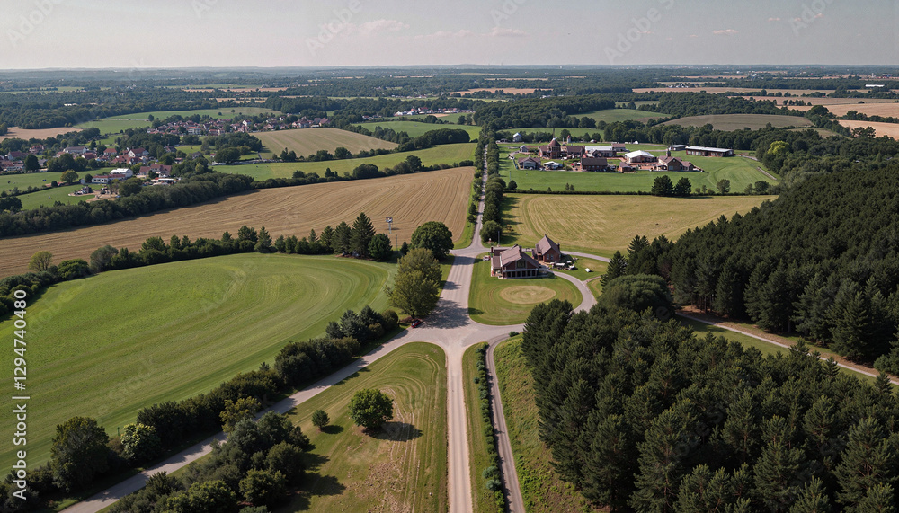 Aerial view of green fields and distant forest landscape Aerial view of green fields and distant forest landscape