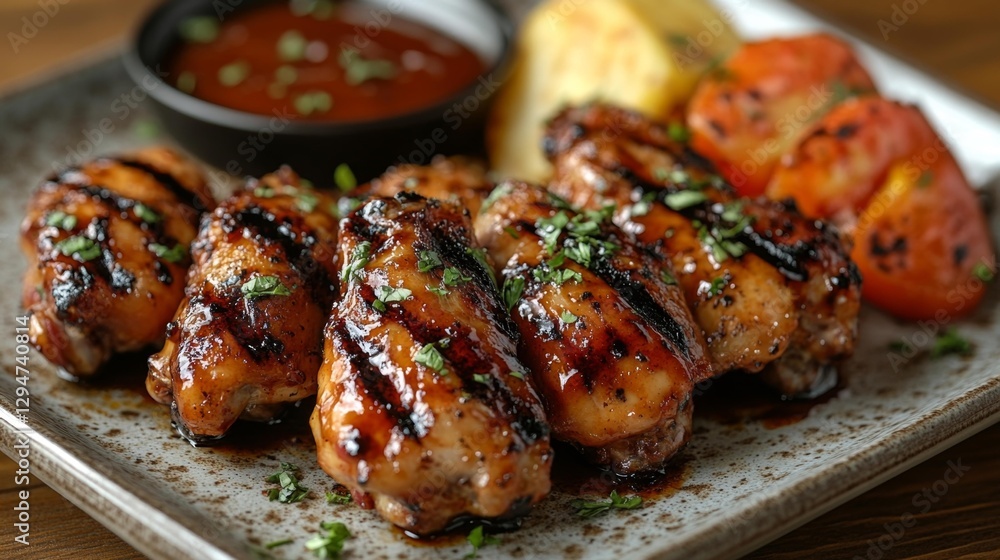 A plate of grilled chicken wings with BBQ sauce and grilled vegetables. Generative AI A plate of grilled chicken wings with BBQ sauce and grilled vegetables. Generative AI