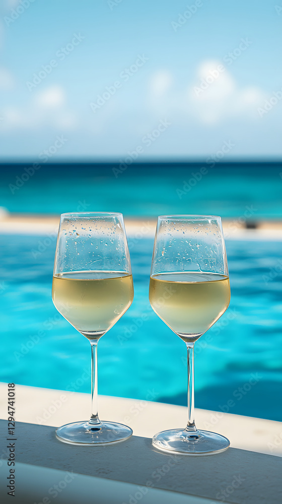 Two glasses of white wine are placed on a ledge next to a vivid blue pool. Two glasses of white wine are placed on a ledge next to a vivid blue pool.