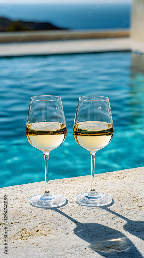 Two elegant wine glasses filled with white wine are placed beside a shimmering pool, overlooking a beautiful landscape. Two elegant wine glasses filled with white wine are placed beside a shimmering pool, overlooking a beautiful landscape.