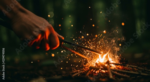 Striking flint and steel creating a shower of sparks to ignite kindling