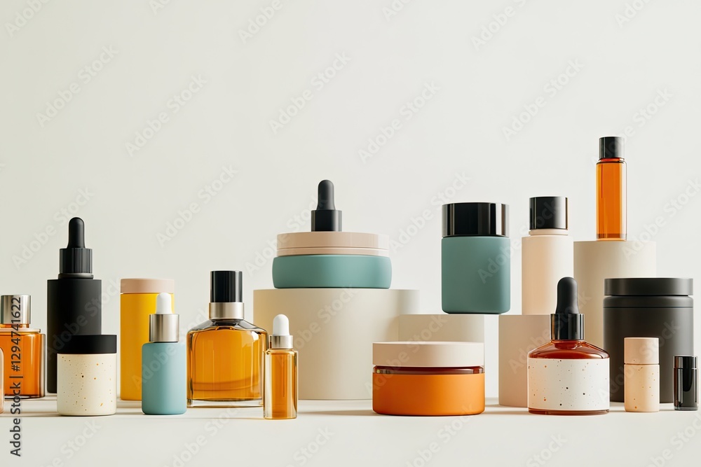 Set of cosmetic jars and bottles arranged in a minimalist aesthetic Set of cosmetic jars and bottles arranged in a minimalist aesthetic